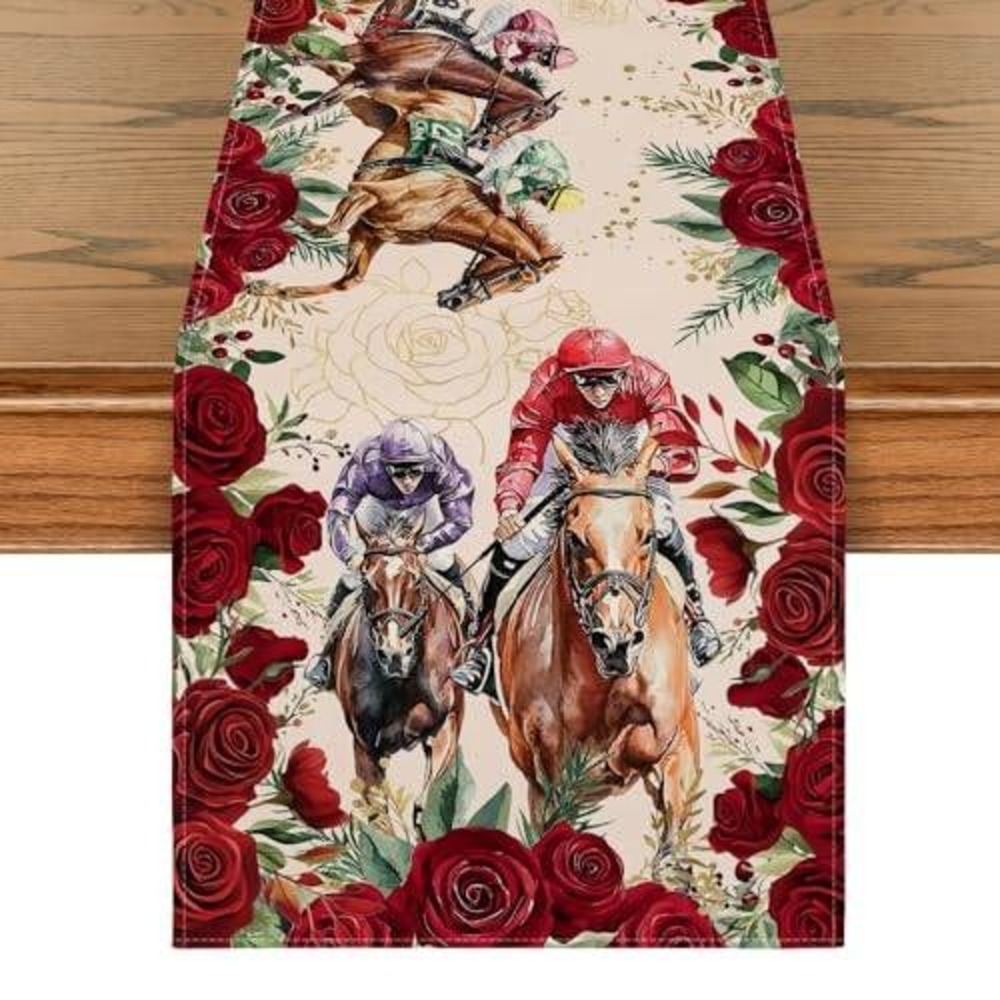 Horse Racing Table Runner Kentucky‎ Derby Red Roses Equestrian Decor Cream